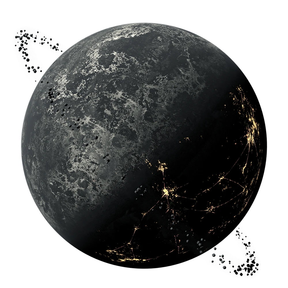 Image of Aballon, a planet of dark gray and graphite coloring with lighting seen on the night side of the planet. There is a small ring of asteroids surrounding the planet.