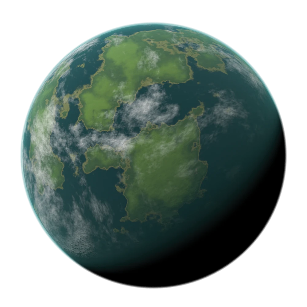 Image of Castrovel, a planet with large oceans and green landmasses.