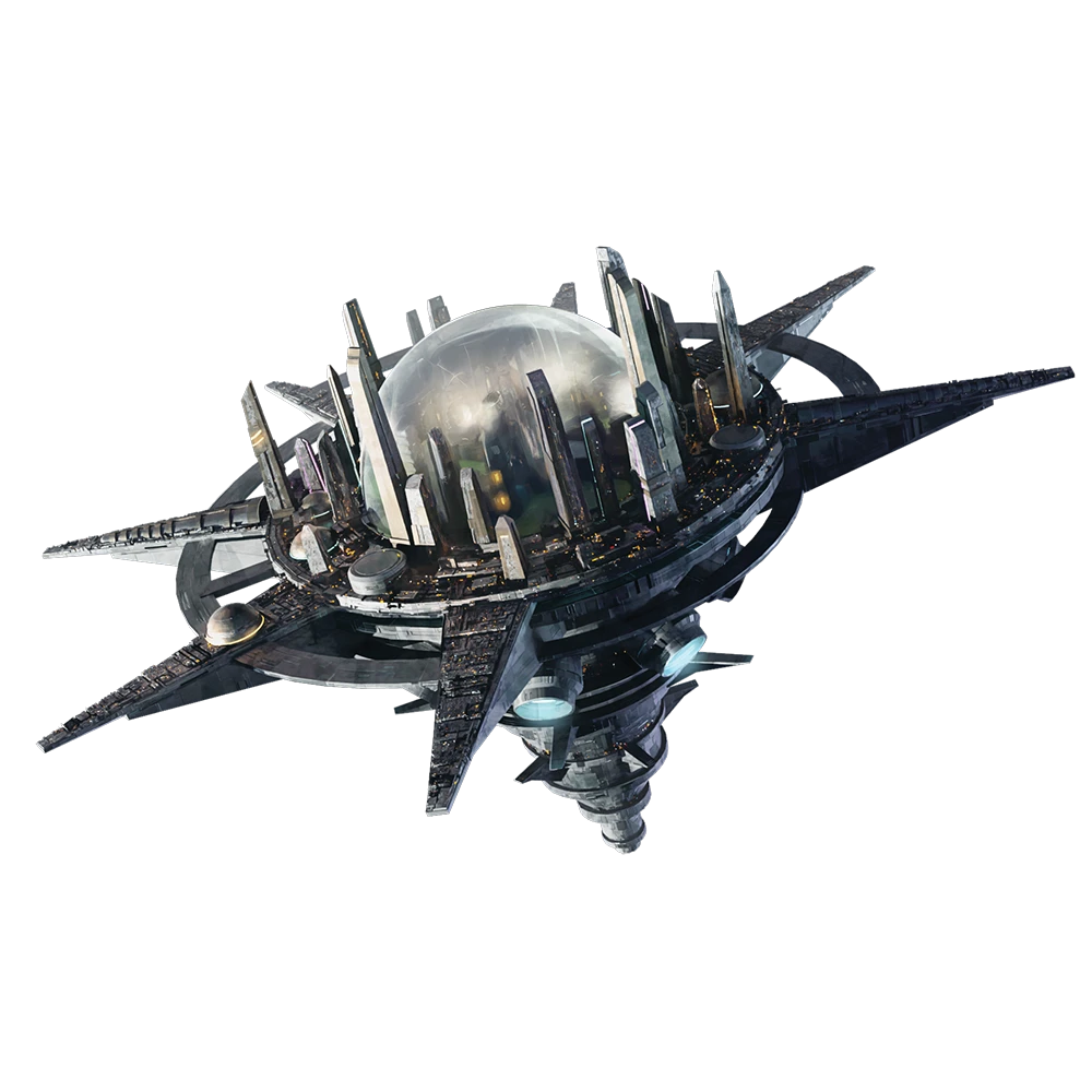 Image of Absalom Station, a space station with eight spikes, known as the Arms, projecting from a circle of corridors and chambers, known as the Ring. In the center of the station is a transparent dome known as the Eye. Below the Ring is the Spike, which contains the magitech that runs the station.