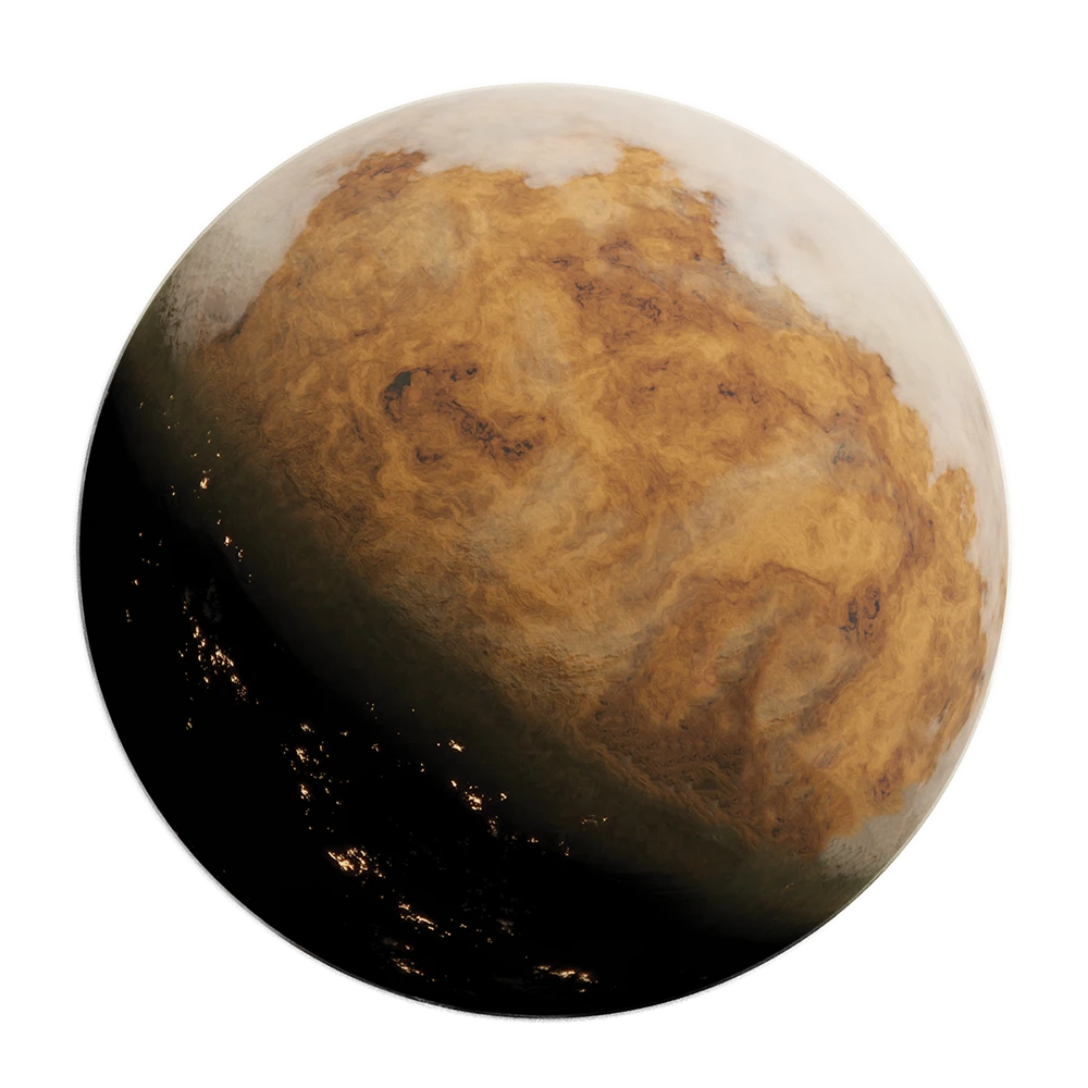 Image of Akiton, an iron-rich red planet with a vast ice shelf along the poles.