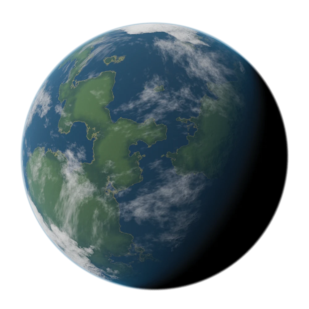Image of Triaxus, a planet with large oceans and green landmasses, as well as large polar ice caps.