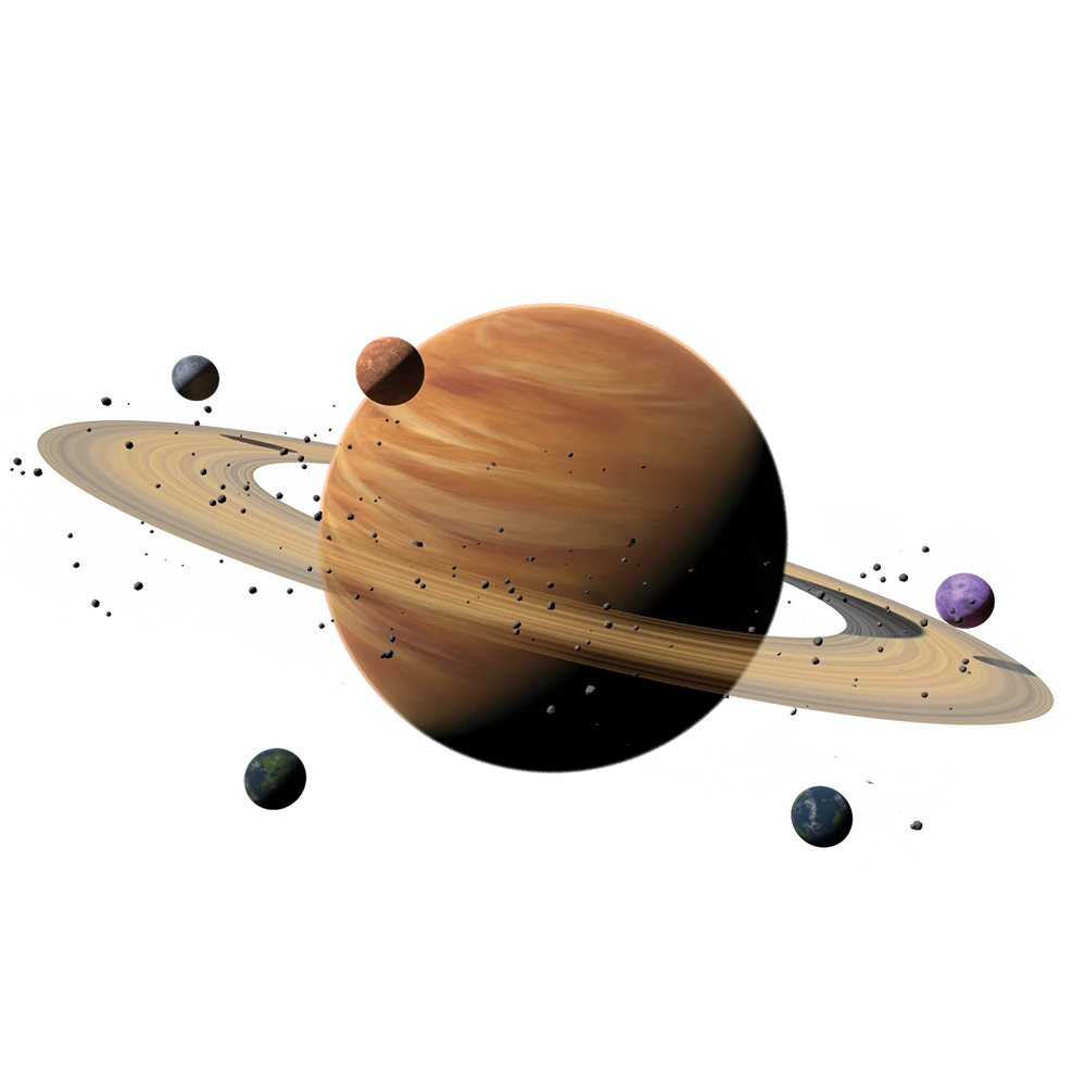 Image of Liavara, a large peach-colored gas giant with many colorful moons and a well-defined ring system.