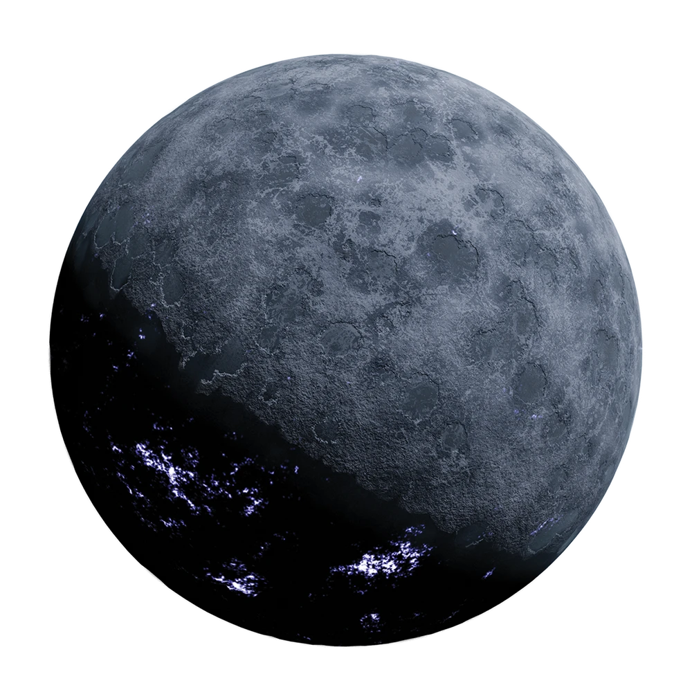 Image of Apostae, a rocky, cratered planet with some lights from settlements shown on the night side.